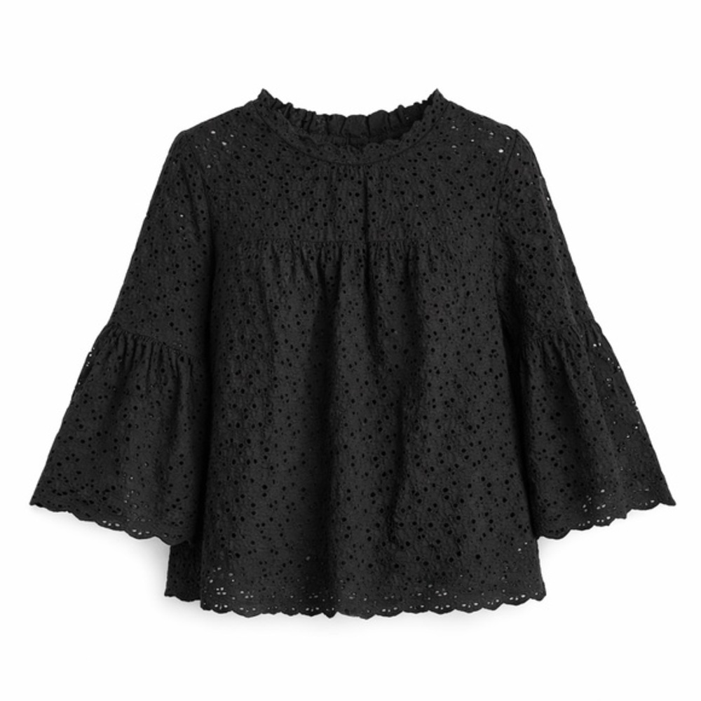 Velvet by Graham & Spencer Eyelet Blouse XS Black Babydoll Swing Top Boho Cotton